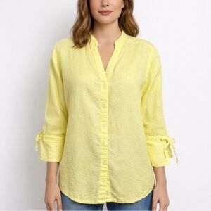SYMPLE NYC Linen Blouse Yellow Bright 3/4 Sleeve Bow Tie V-Neck Blouse Size M